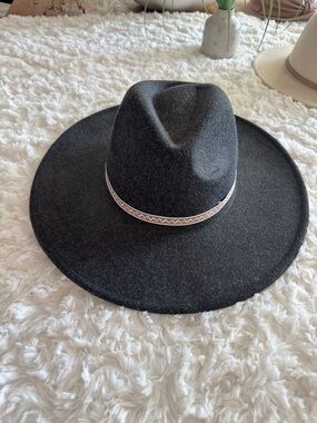 Wide Brim Black Felt Hat with Decorative Band